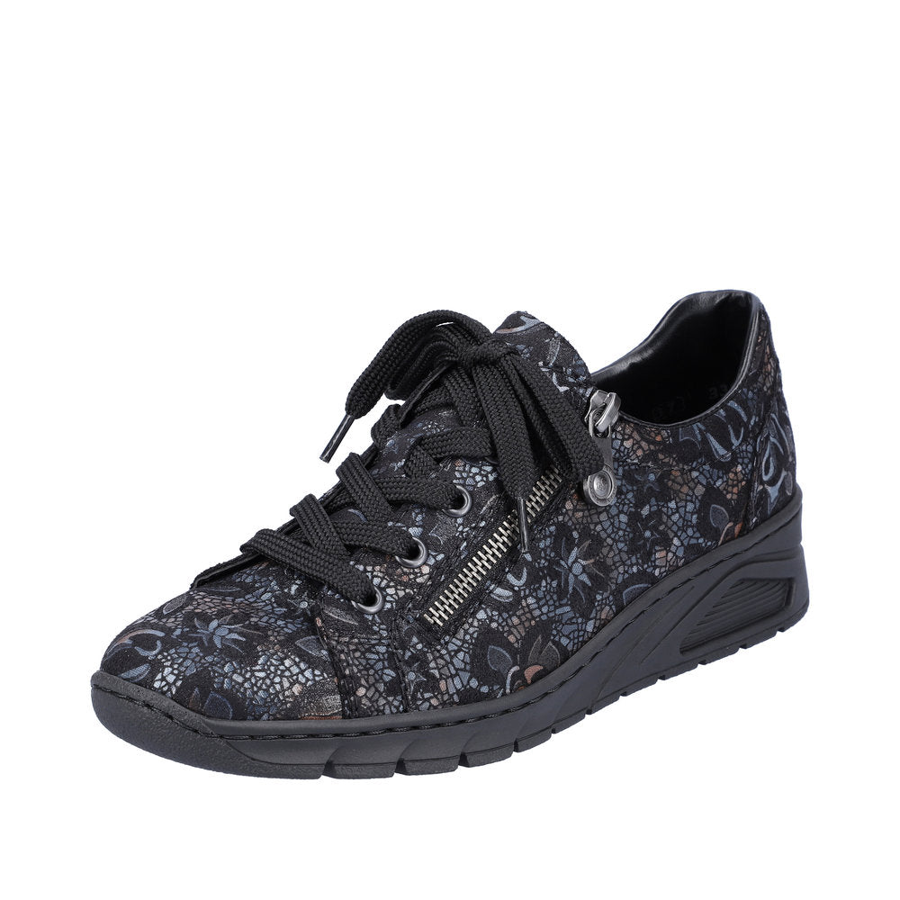 Rieker N3302-90 Black/Blue Floral Metallic Wedge Sneakers