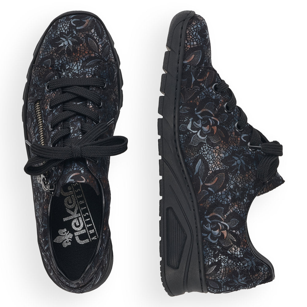 Rieker N3302-90 Black/Blue Floral Metallic Wedge Sneakers