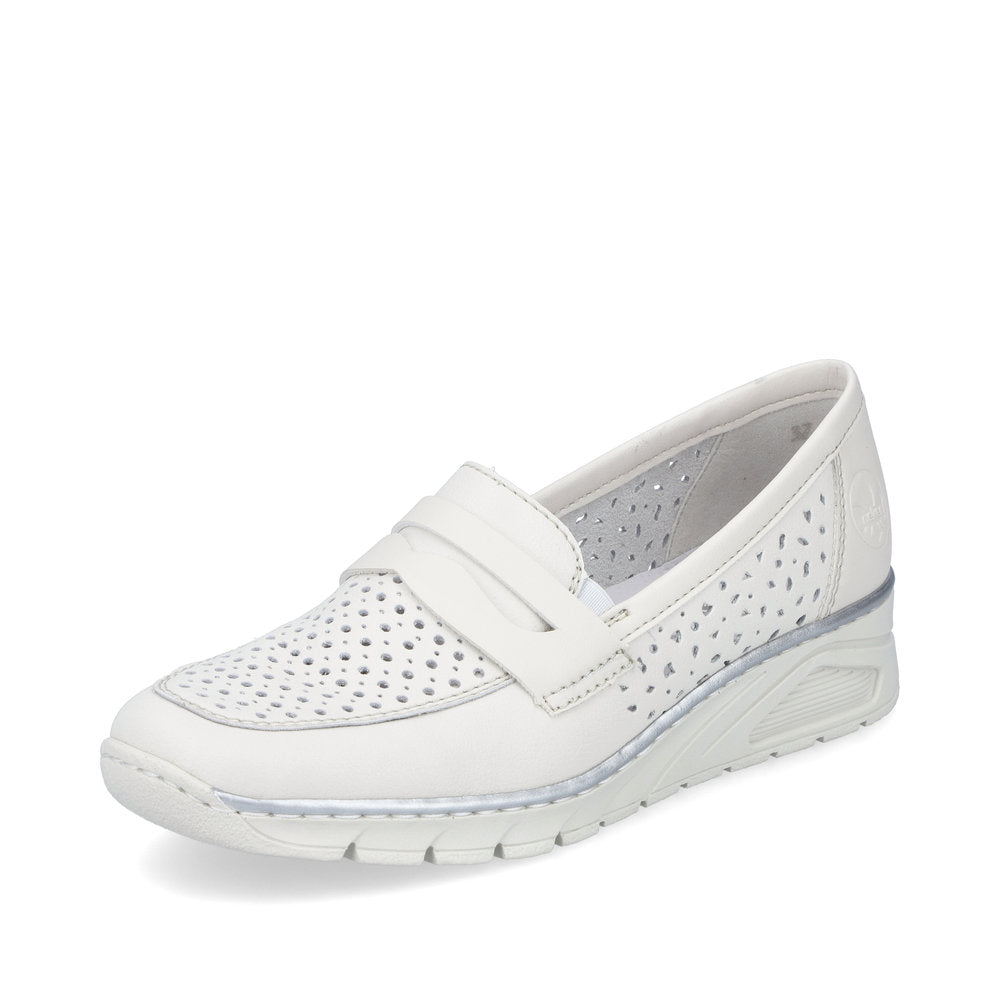 Rieker N3356-80 White Perforated Slip On Shoes with Wedge Heel