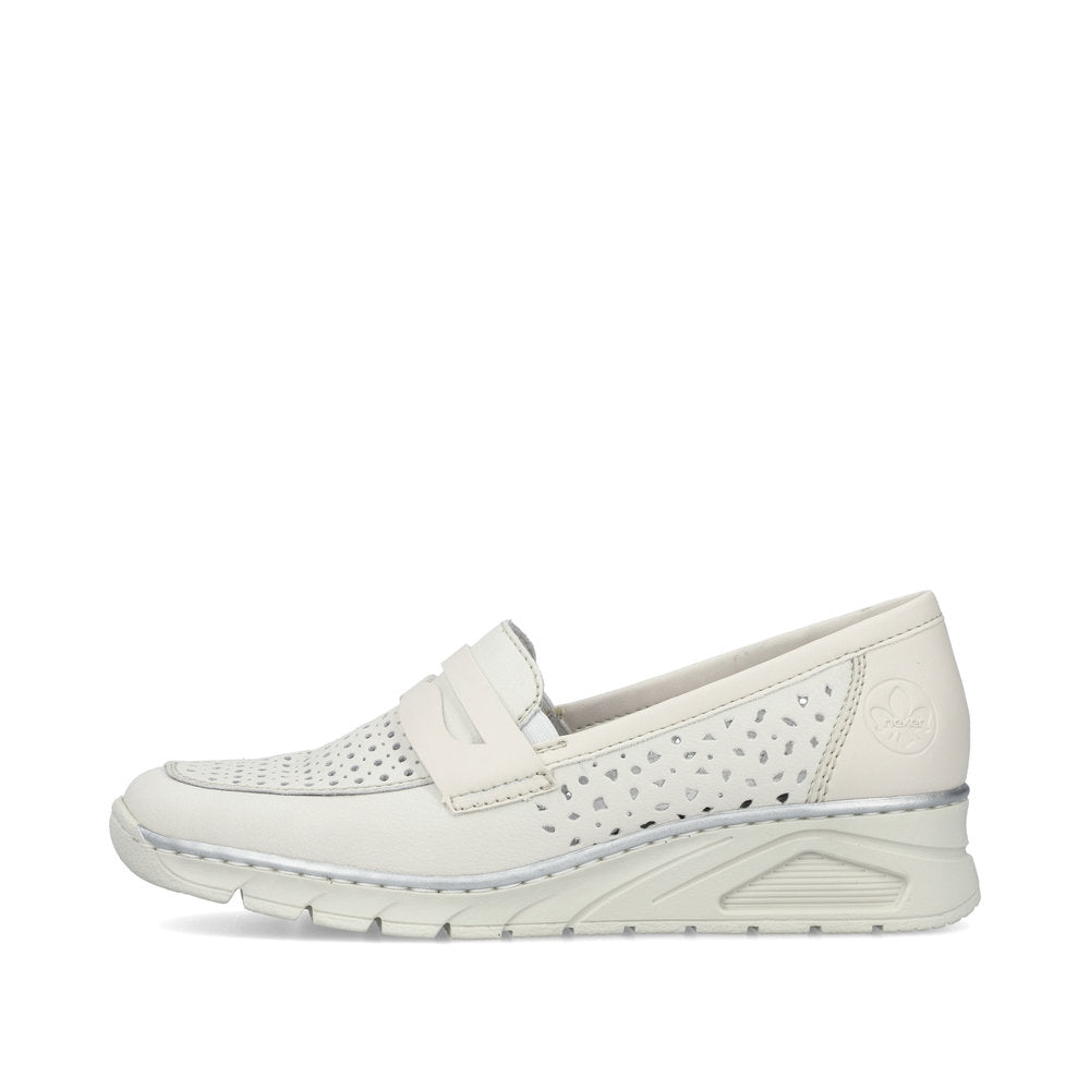 Rieker N3356-80 White Perforated Slip On Shoes with Wedge Heel
