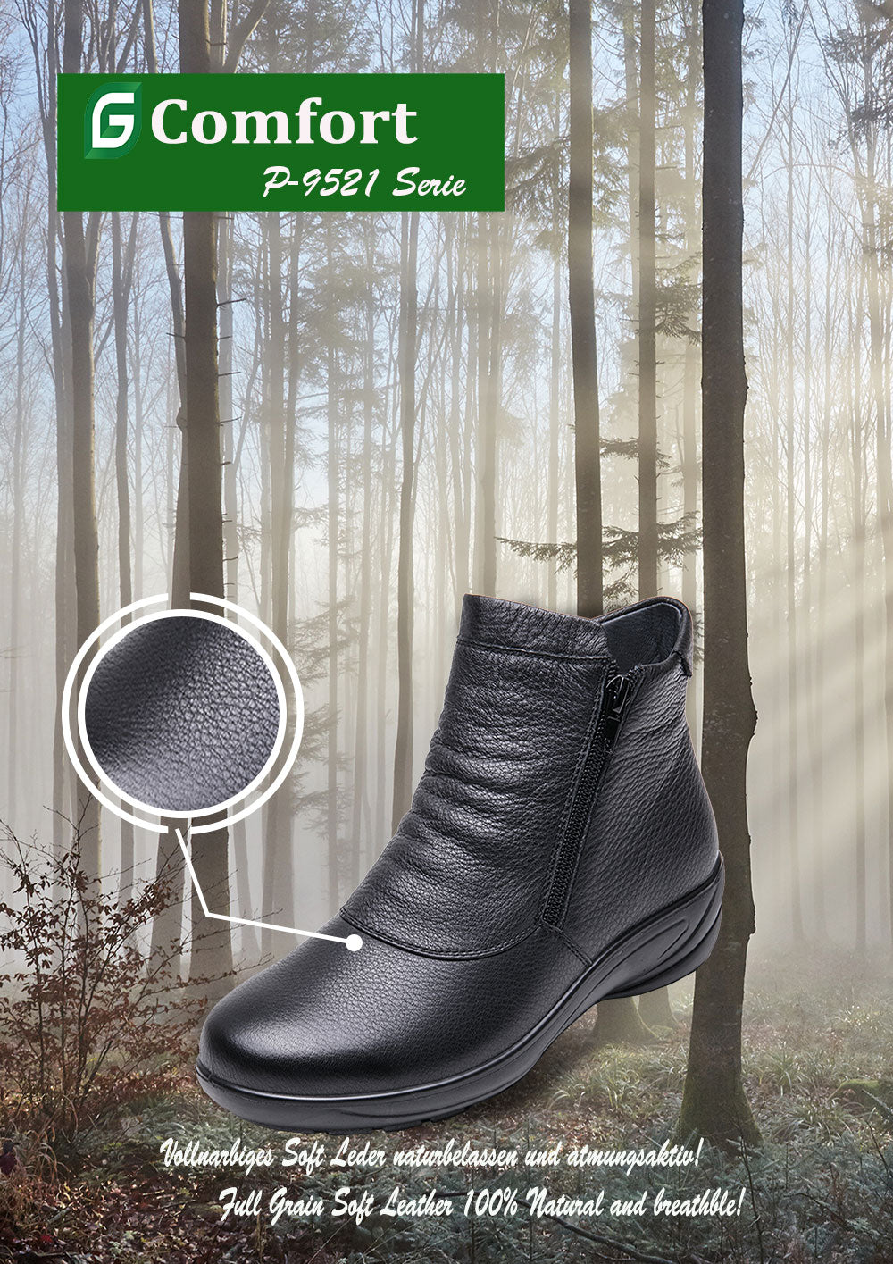 G Comfort P-9521 Black Tex Ankle Boots with 2 Zips