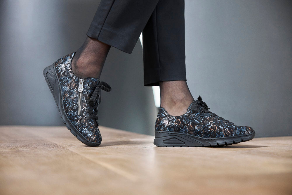 Rieker N3302-90 Black/Blue Floral Metallic Wedge Sneakers
