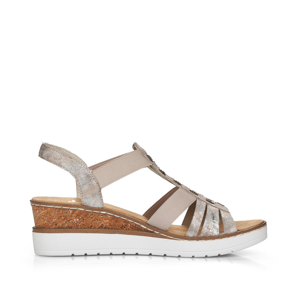 Rieker V3822-90 Metallic Rose Wedge Sandals with Slingback Strap and Bead Detailing