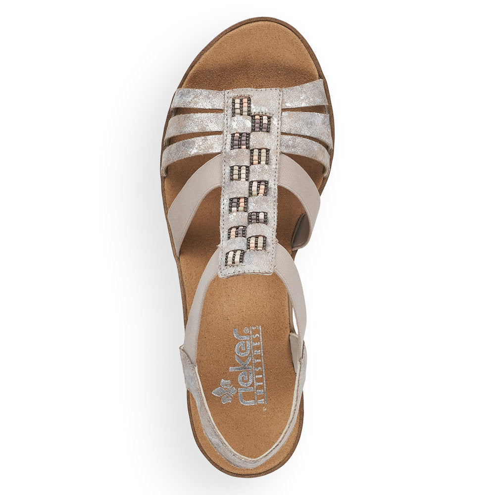 Rieker V3822-90 Metallic Rose Wedge Sandals with Slingback Strap and Bead Detailing