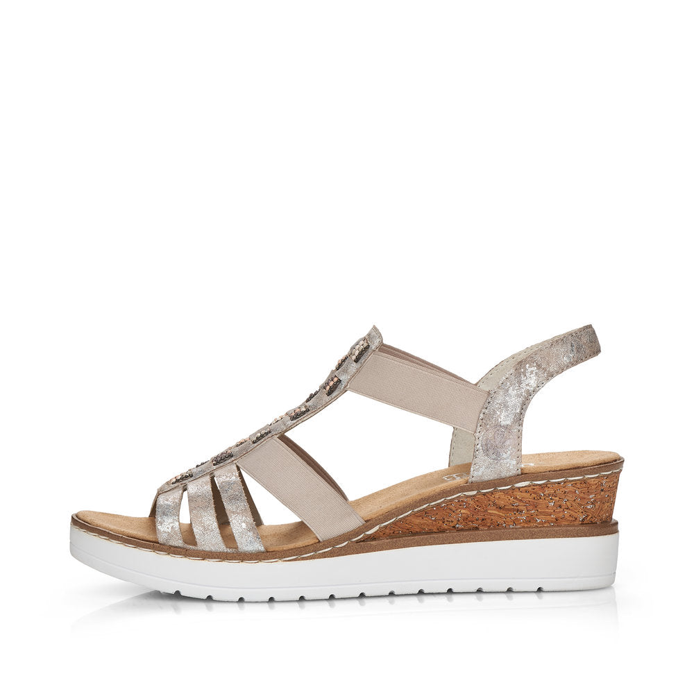 Rieker V3822-90 Metallic Rose Wedge Sandals with Slingback Strap and Bead Detailing