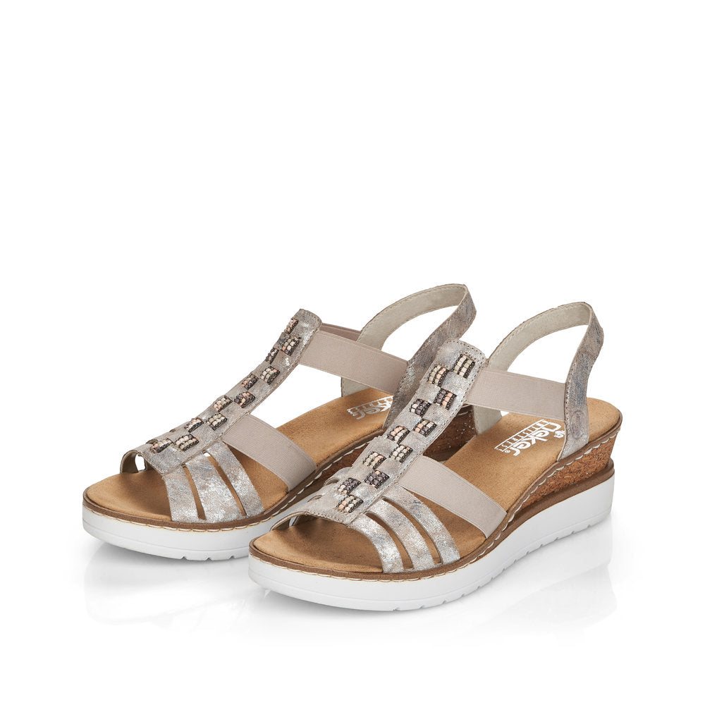 Rieker V3822-90 Metallic Rose Wedge Sandals with Slingback Strap and Bead Detailing