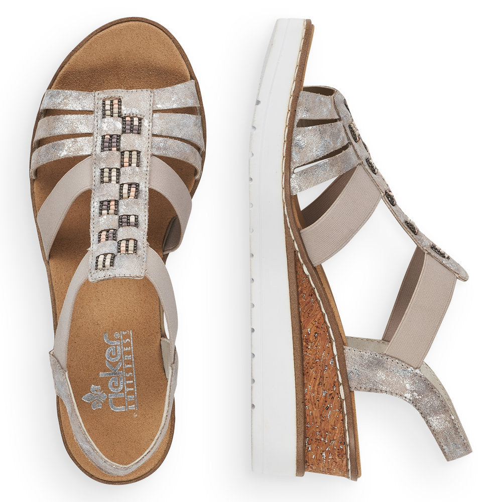 Rieker V3822-90 Metallic Rose Wedge Sandals with Slingback Strap and Bead Detailing