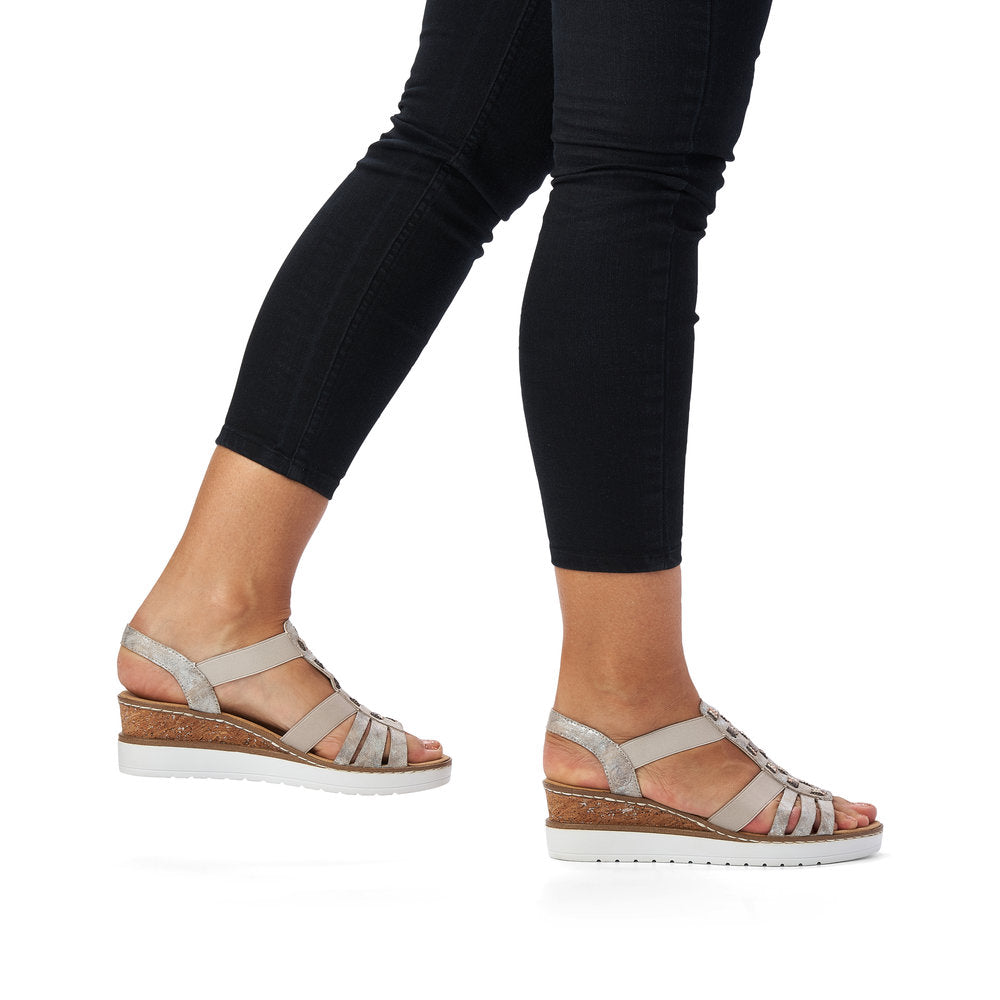 Rieker V3822-90 Metallic Rose Wedge Sandals with Slingback Strap and Bead Detailing