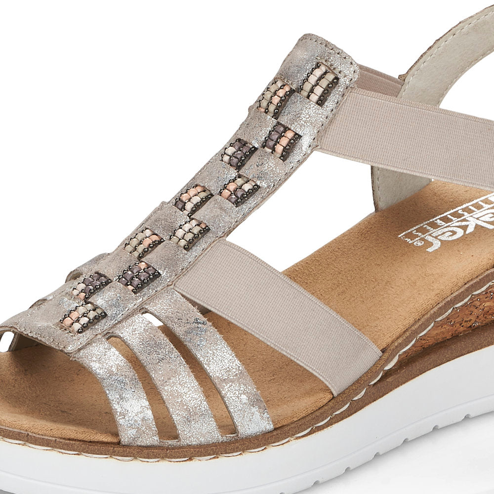Rieker V3822-90 Metallic Rose Wedge Sandals with Slingback Strap and Bead Detailing