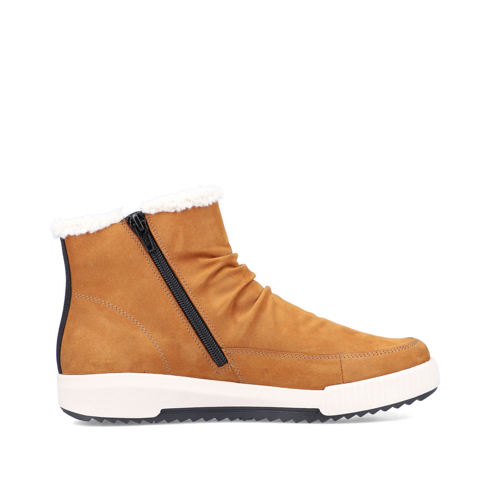 Rieker W0163-68 Evolution Yellow Mustard/Camel & White Fur Ankle Boots