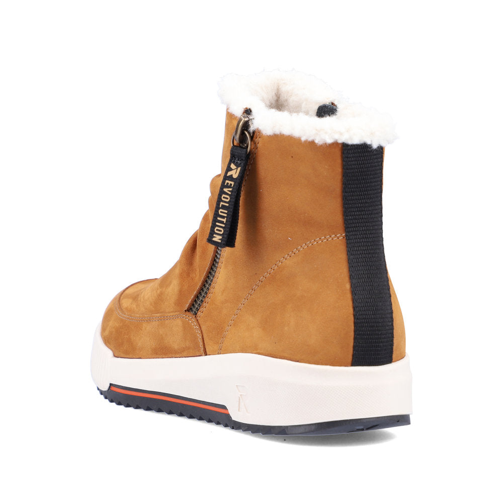 Rieker W0163-68 Evolution Yellow Mustard/Camel & White Fur Ankle Boots