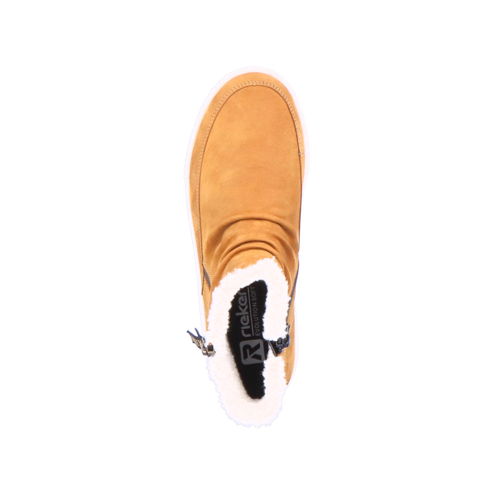 Rieker W0163-68 Evolution Yellow Mustard/Camel & White Fur Ankle Boots