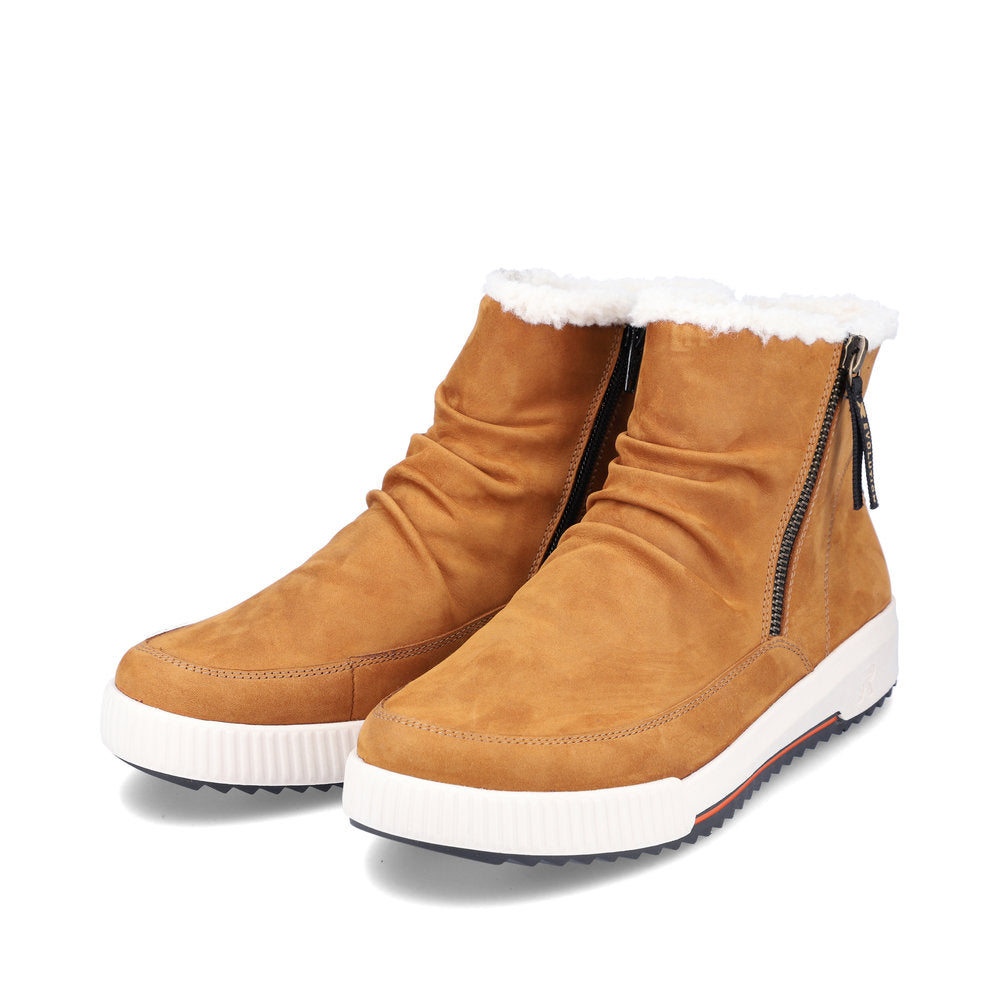 Rieker W0163-68 Evolution Yellow Mustard/Camel & White Fur Ankle Boots