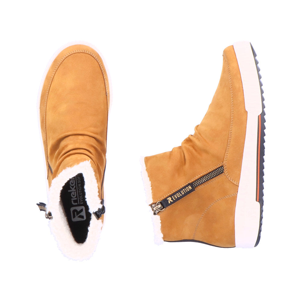 Rieker W0163-68 Evolution Yellow Mustard/Camel & White Fur Ankle Boots