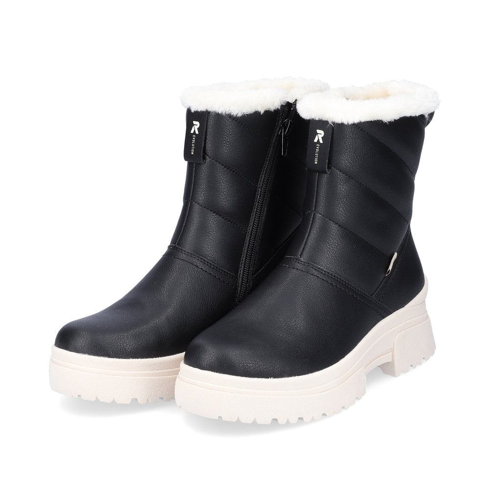 Rieker W0373-00 Evolution Tex Black Boots with White Fur