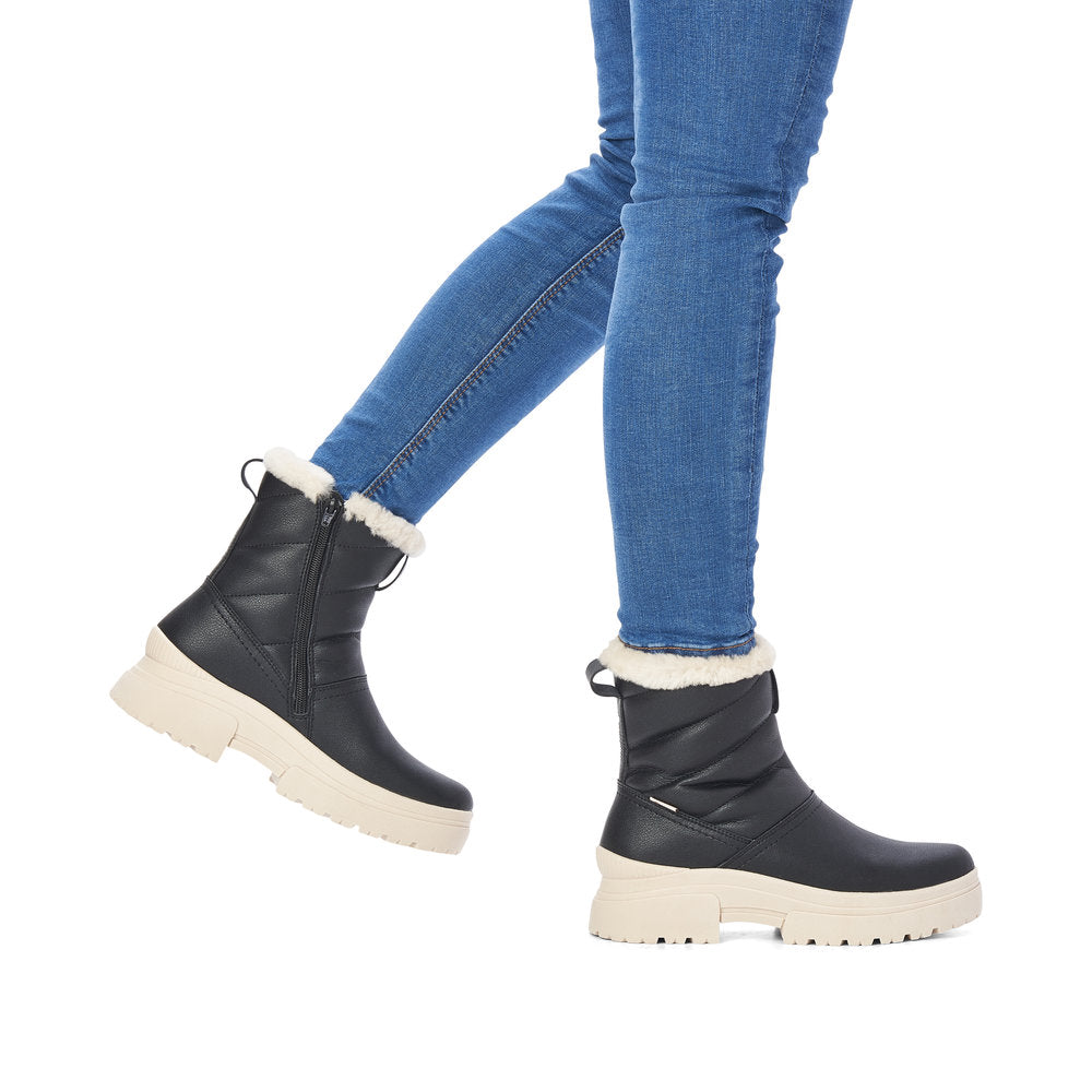 Rieker W0373-00 Evolution Tex Black Boots with White Fur