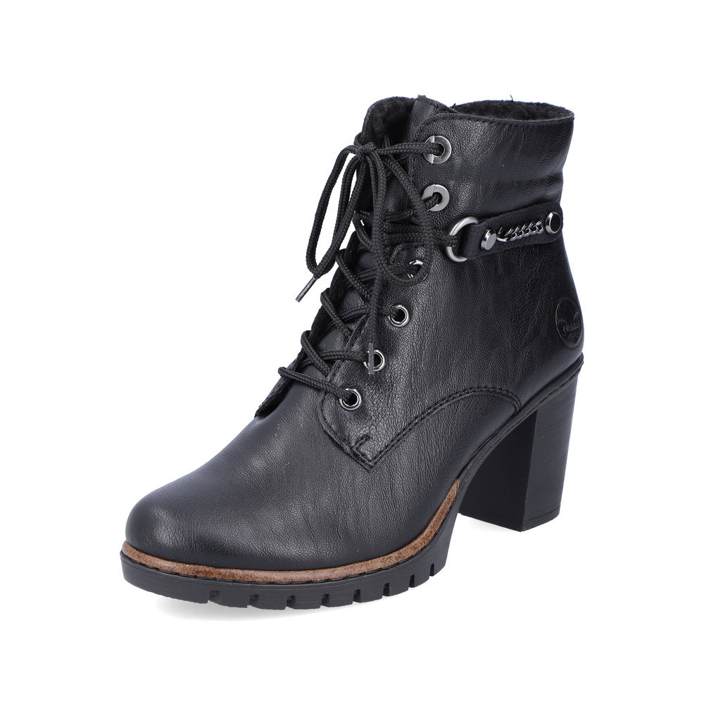 Rieker Y2533-00 Black Heel Ankle Boots with Laces & Chain