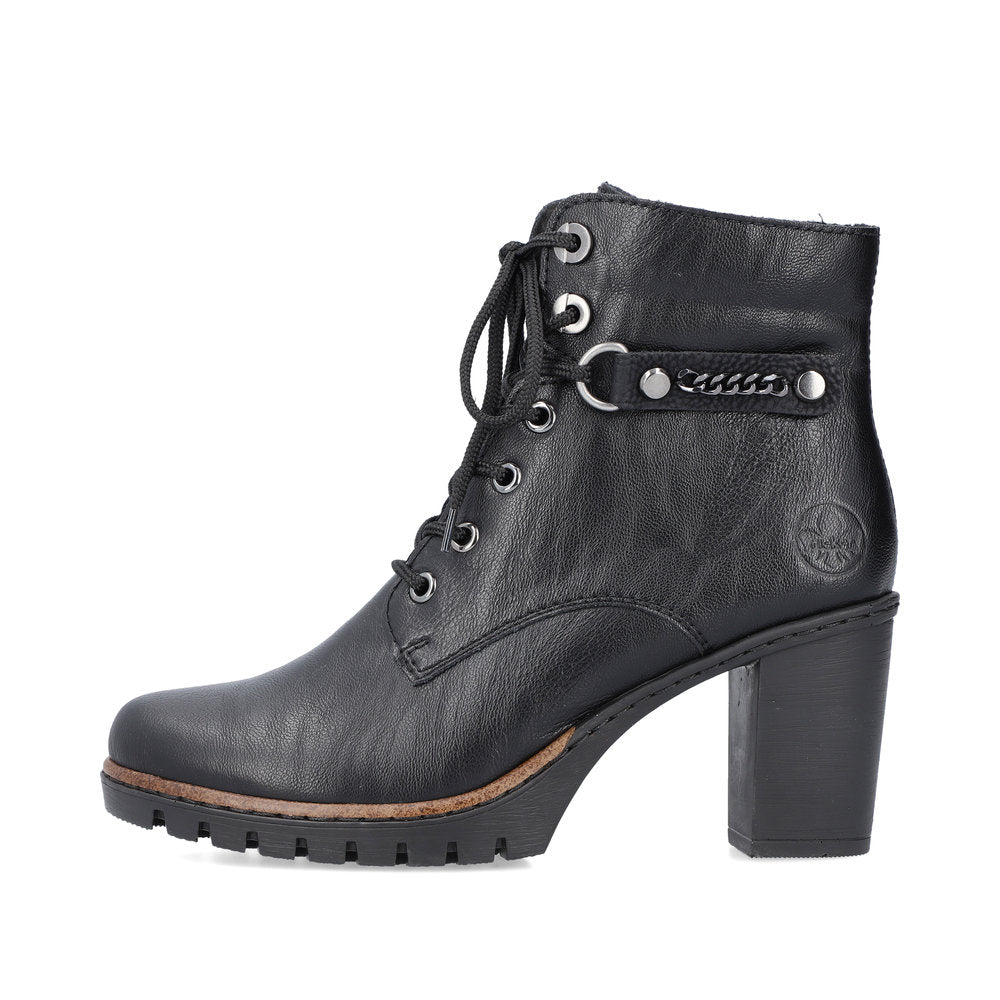 Rieker Y2533-00 Black Heel Ankle Boots with Laces & Chain