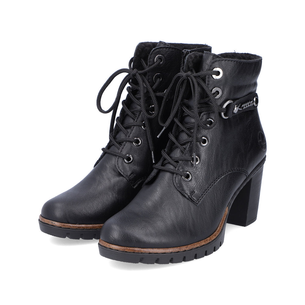 Rieker Y2533-00 Black Heel Ankle Boots with Laces & Chain