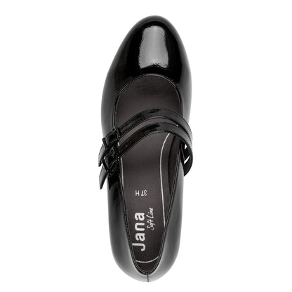 Jana Shoes 8-24366-45 018 H Fit Black Patent Block Heel Mary Jane Shoes- Vegan