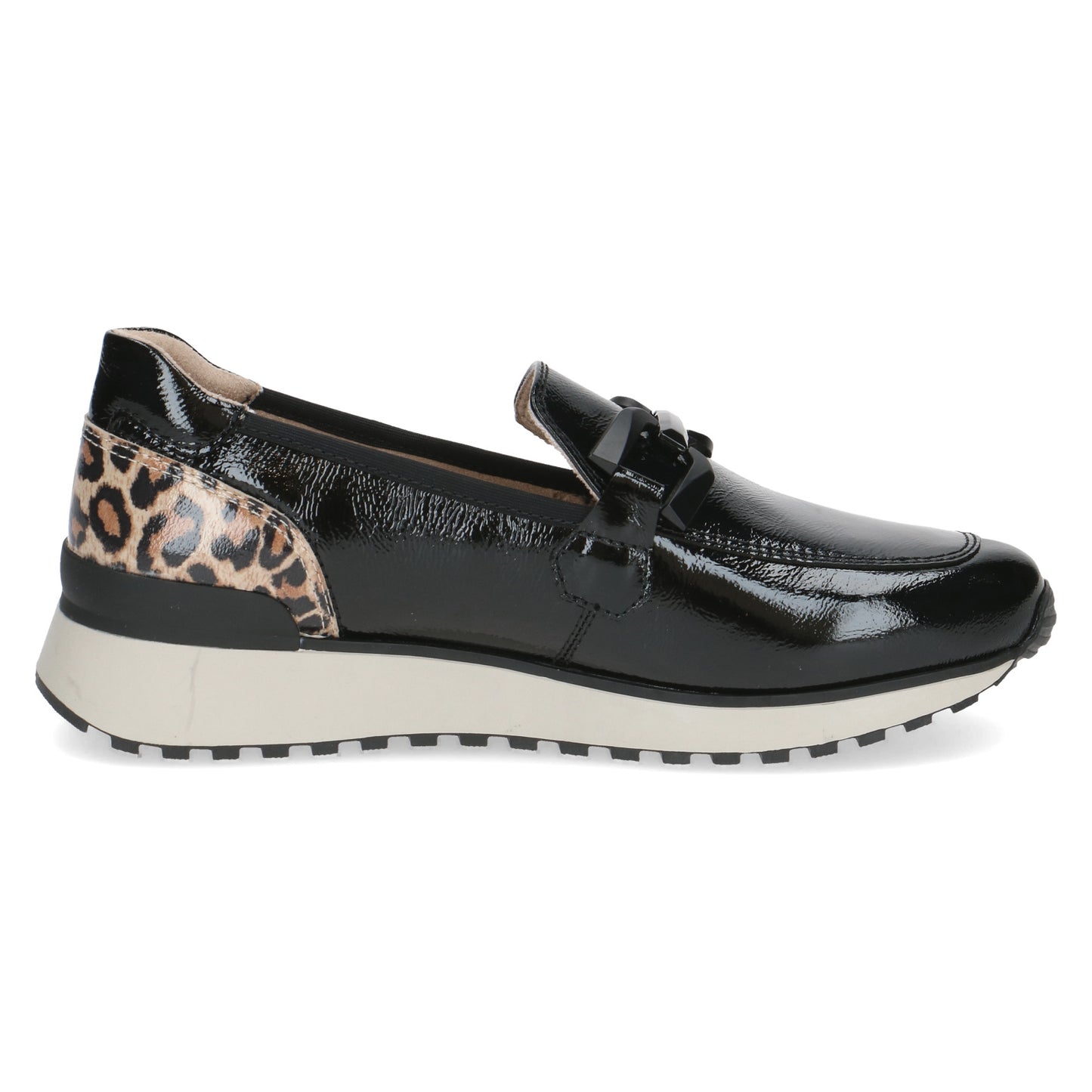 Caprice 9-24700-43 017 Black Naplak Patent Slip On Shoes with Leopard Heel