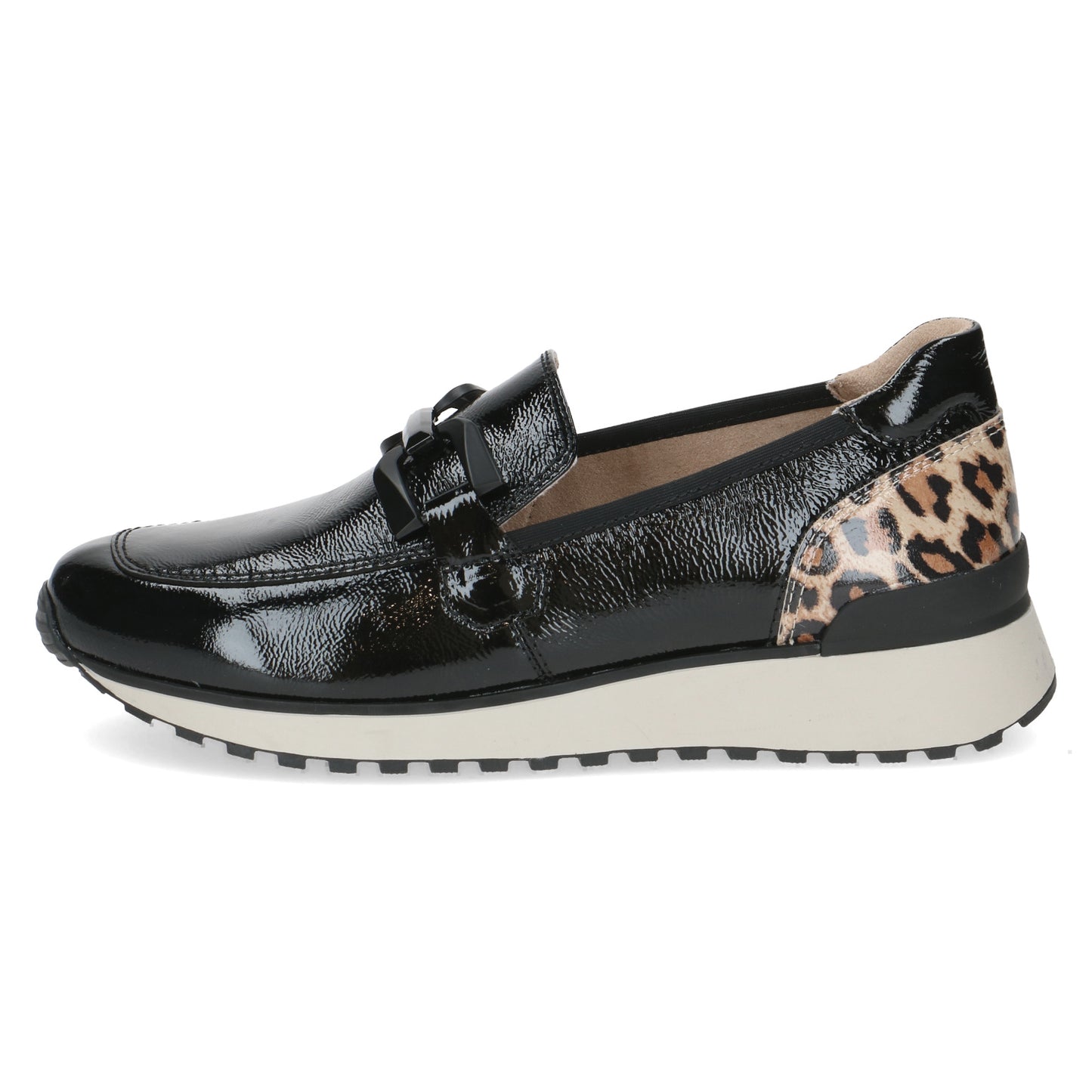 Caprice 9-24700-43 017 Black Naplak Patent Slip On Shoes with Leopard Heel