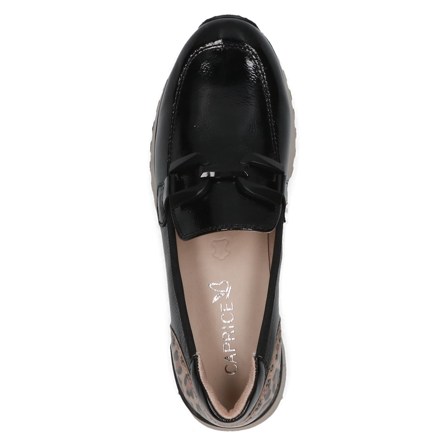 Caprice 9-24700-43 017 Black Naplak Patent Slip On Shoes with Leopard Heel
