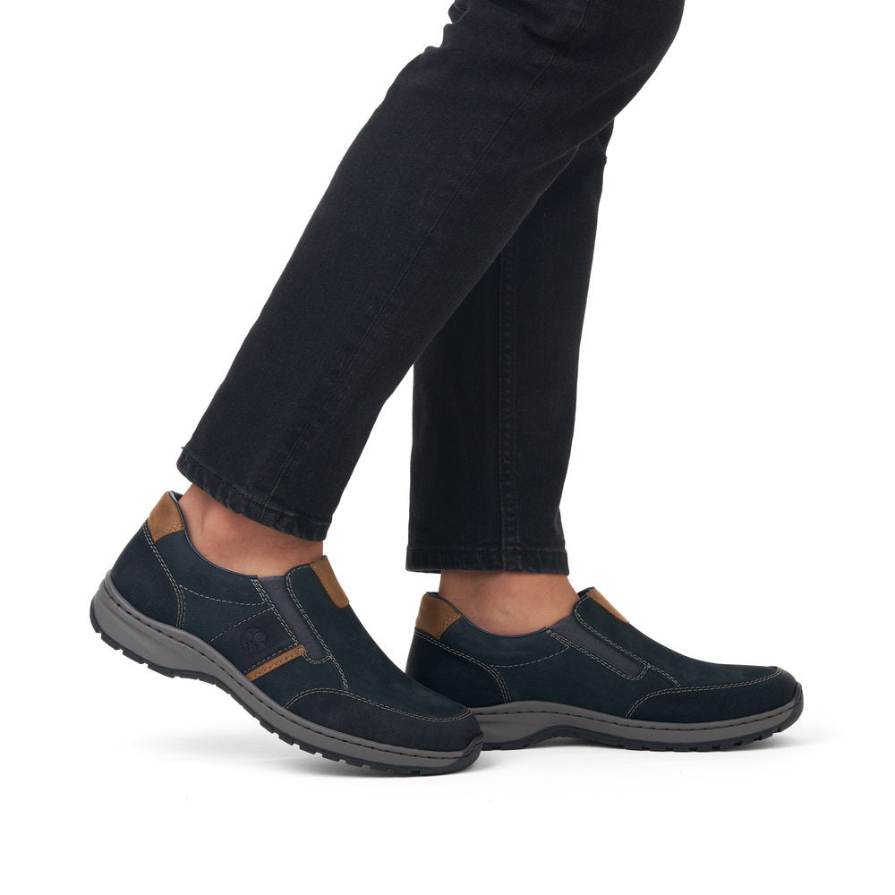 Rieker 03356-15 Navy H Fit Slip On Shoes with Tan Heel