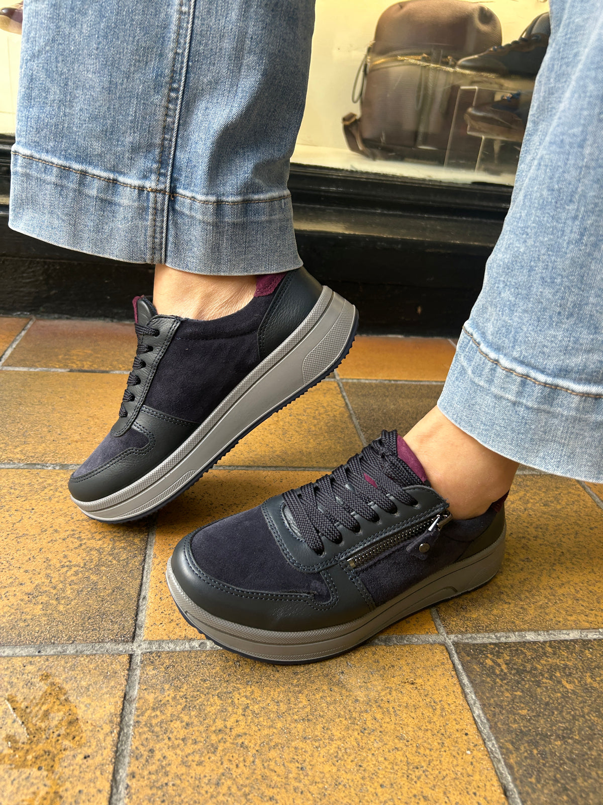 Ara 12-27540 22 Sapporo 3.0 Navy Blue & Merlot Red H Fit Sneakers with Zip