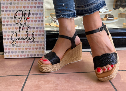 Oh My Sandals 5461 Black Weave Wedge Sandals