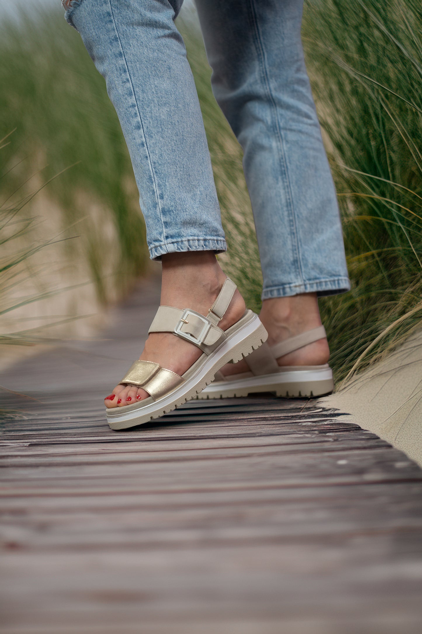 Ara 12-21003 09 Malaga-S Beige & Gold Velcro G Fit Sandals with Slingback Strap