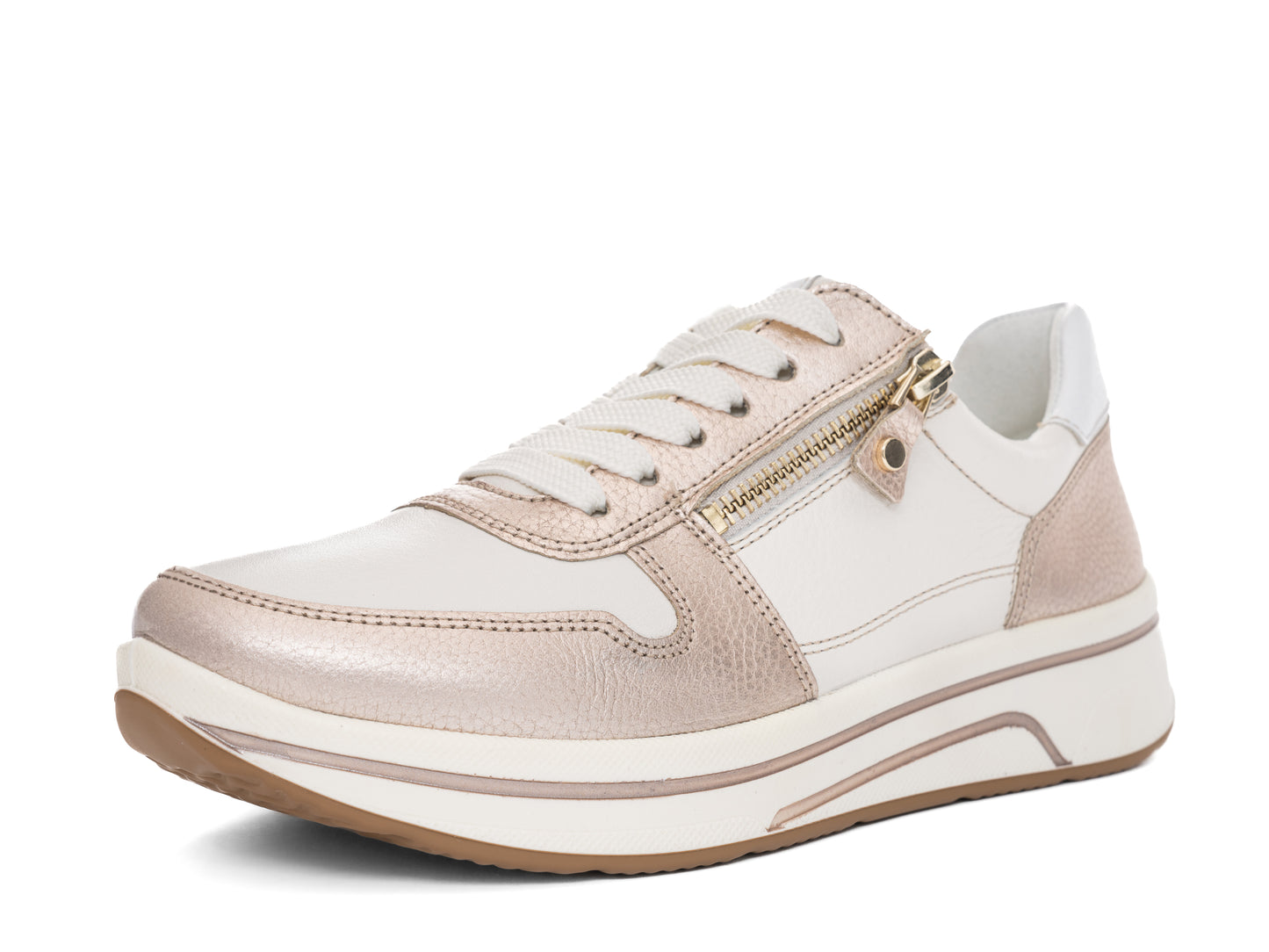 Ara 12-27540 07 Sapporo 3.0 Cream, Gold & White H Fit Sneakers with Zip