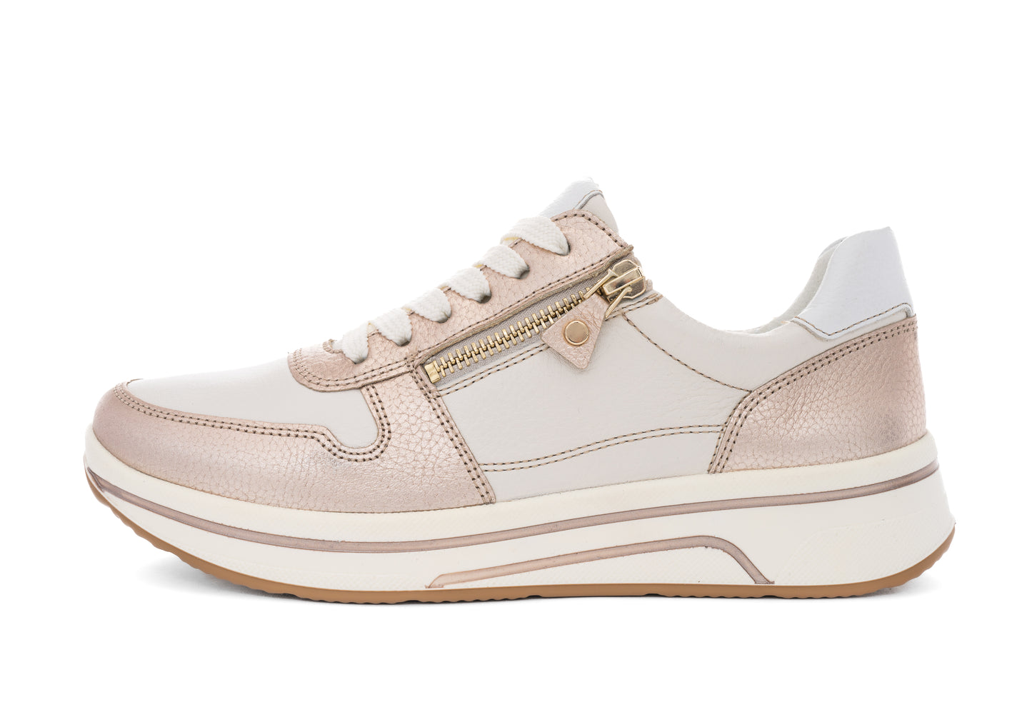 Ara 12-27540 07 Sapporo 3.0 Cream, Gold & White H Fit Sneakers with Zip