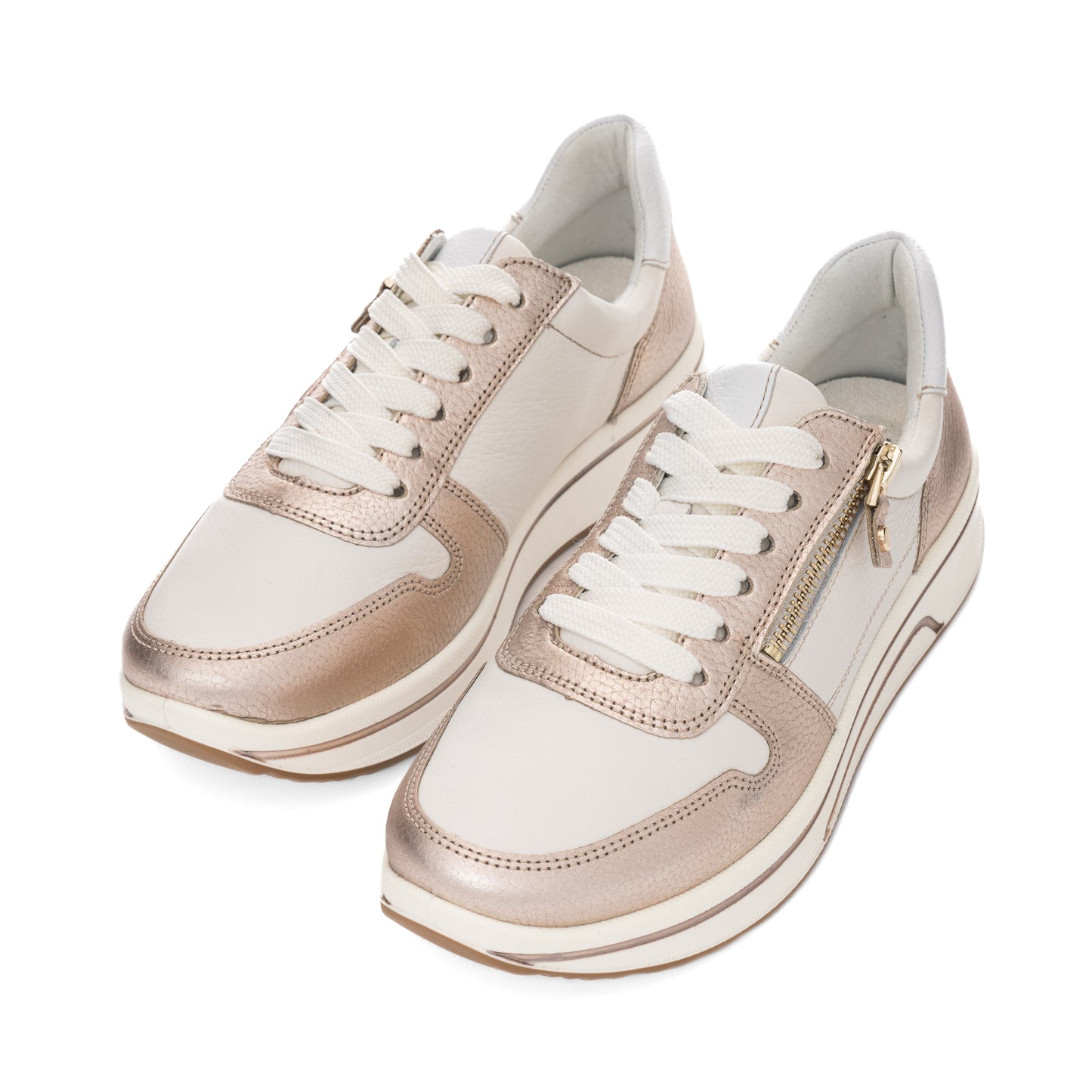 Ara 12-27540 07 Sapporo 3.0 Cream, Gold & White H Fit Sneakers with Zip