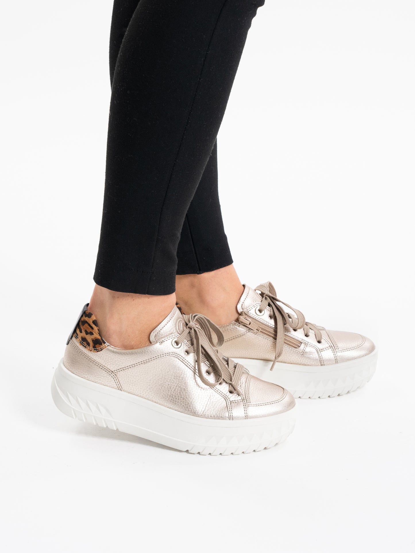Ara 12-46703 08 Monaco 2.0 Champagne Metallic H Fit Sneakers with Leopard Heel