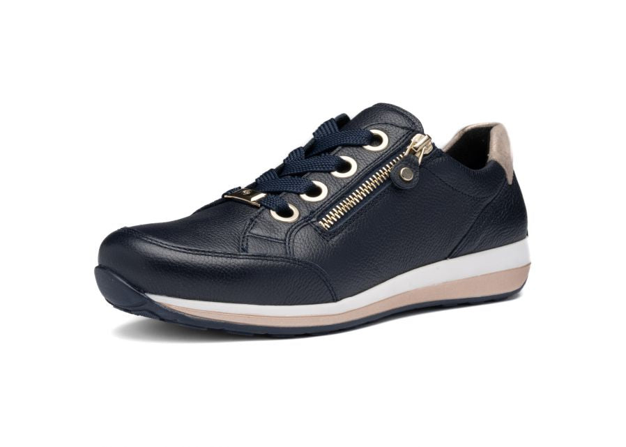 Ara 12-64587 12 Osaka-Highsoft H Fit Navy Sneakers with Zip & Gold Heel
