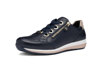 Ara 12-64587 12 Osaka-Highsoft H Fit Navy Sneakers with Zip & Gold Heel