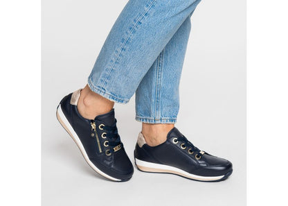 Ara 12-64587 12 Osaka-Highsoft H Fit Navy Sneakers with Zip & Gold Heel