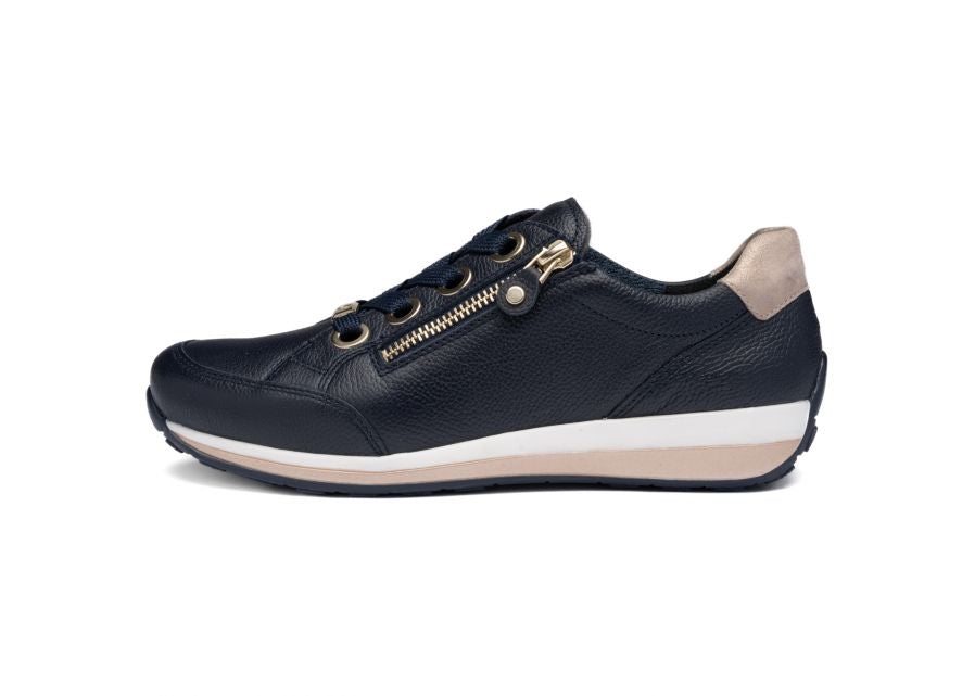 Ara 12-64587 12 Osaka-Highsoft H Fit Navy Sneakers with Zip & Gold Heel