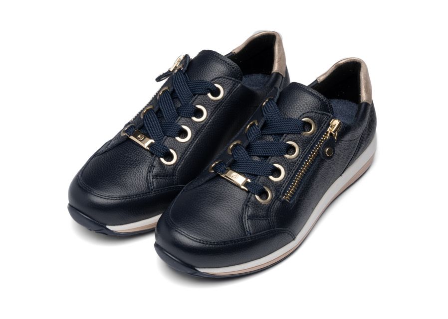 Ara 12-64587 12 Osaka-Highsoft H Fit Navy Sneakers with Zip & Gold Heel