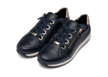 Ara 12-64587 12 Osaka-Highsoft H Fit Navy Sneakers with Zip & Gold Heel