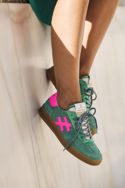 Another Trend A0321162 Vento Green Trainers with Pink Heel & Logo