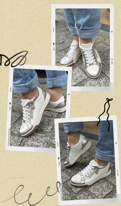 Ara 12-34432 63 Rom-Highsoft G Fit Shell Beige & Gold Trainers with Zip
