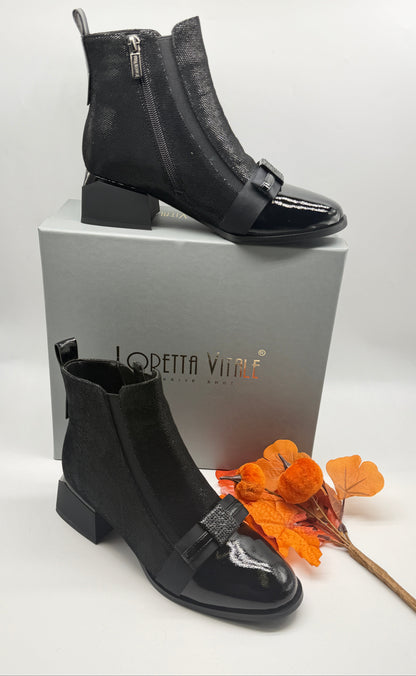 Loretta Vitale C96103 Black Shimmer Ankle Boots with Bow Front
