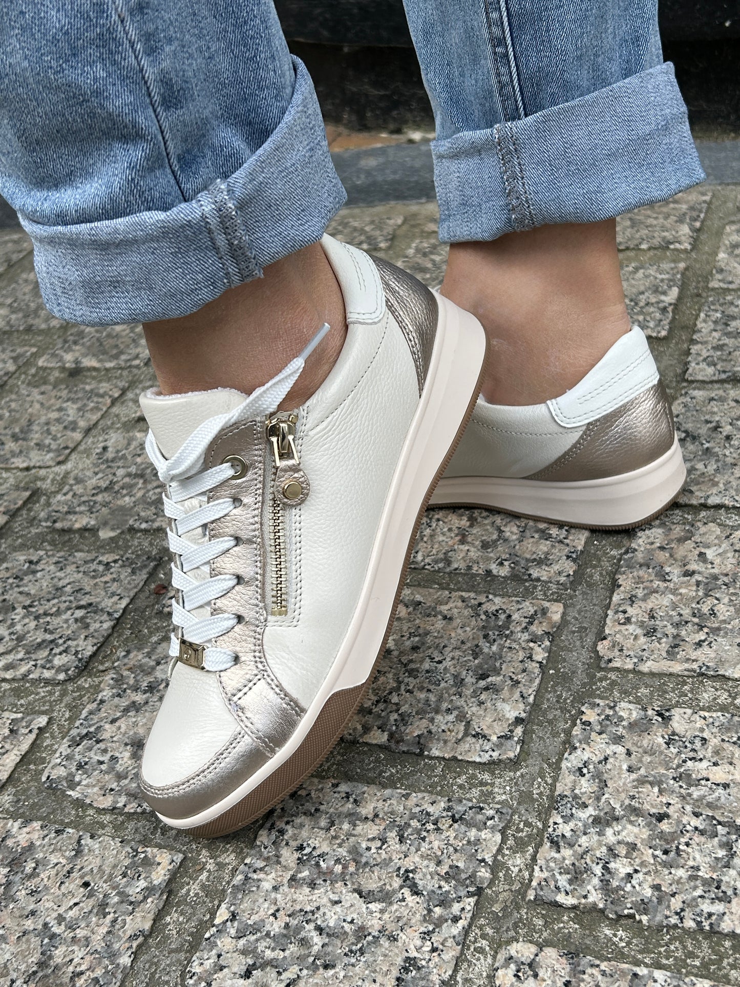 Ara 12-34432 63 Rom-Highsoft G Fit Shell Beige & Gold Trainers with Zip