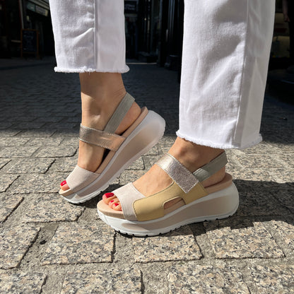 Callaghan 35200 Cream & Green Mint & Gold Combi Velcro Sandals with Slingback Strap