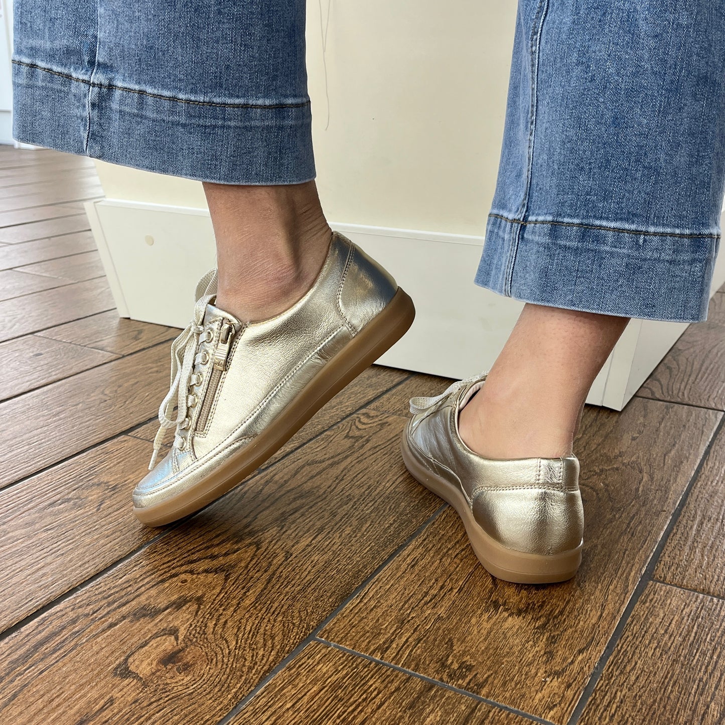 Caprice 9-23706-44-959 Platinum Gold Metallic Lace Trainers with Zip
