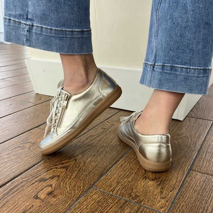 Caprice 9-23706-44-959 Platinum Gold Metallic Lace Trainers with Zip