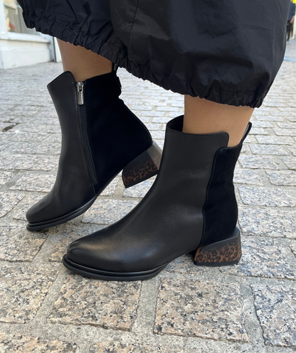 Loretta Vitale C4605 Black Leather & Suede Leopard Print Heel Ankle Boots