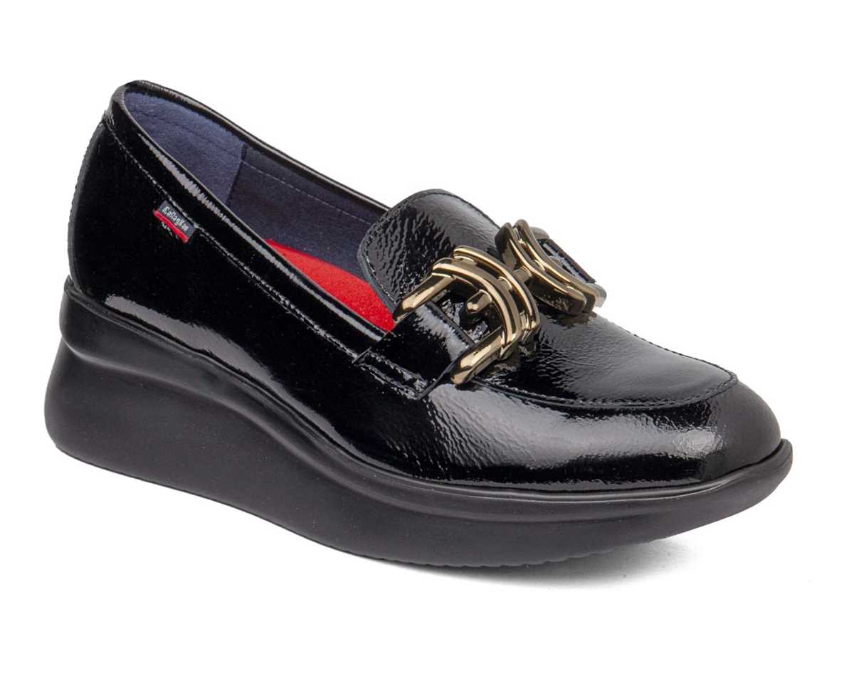 Callaghan 30034 Black Patent Gold Bar Slip On Wedge Shoes